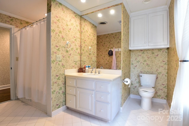 bathroom with visible vents, toilet, tile patterned flooring, and wallpapered walls