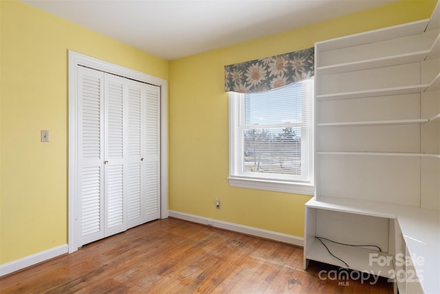 interior space featuring wood finished floors, baseboards, and a closet