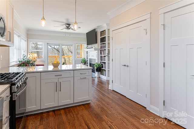 kitchen with a peninsula, plenty of natural light, stainless steel gas stove, and ornamental molding