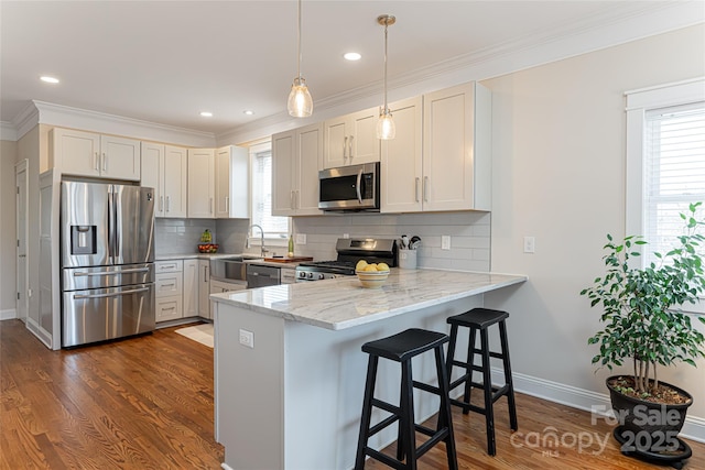 kitchen featuring dark wood finished floors, ornamental molding, light stone counters, a peninsula, and stainless steel appliances