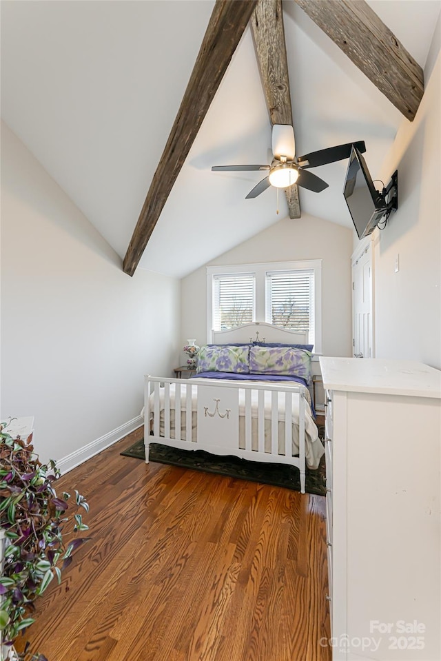 bedroom with baseboards, vaulted ceiling with beams, ceiling fan, and dark wood-style flooring