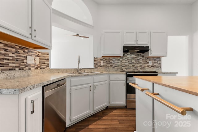 kitchen with dark wood-type flooring, under cabinet range hood, a sink, appliances with stainless steel finishes, and white cabinets