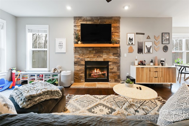 living room featuring a stone fireplace, wood finished floors, and a wealth of natural light