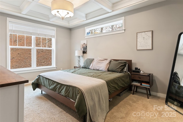 bedroom with baseboards, light carpet, coffered ceiling, and beam ceiling