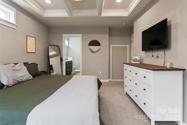 bedroom featuring beamed ceiling, recessed lighting, light colored carpet, and ornamental molding