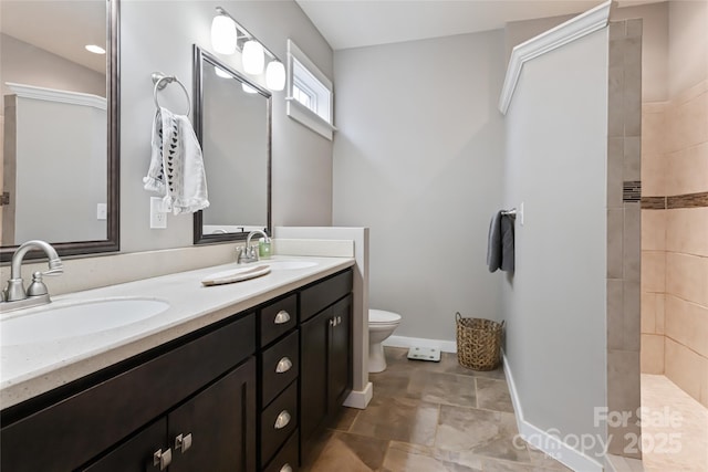 full bath featuring double vanity, toilet, baseboards, and a sink