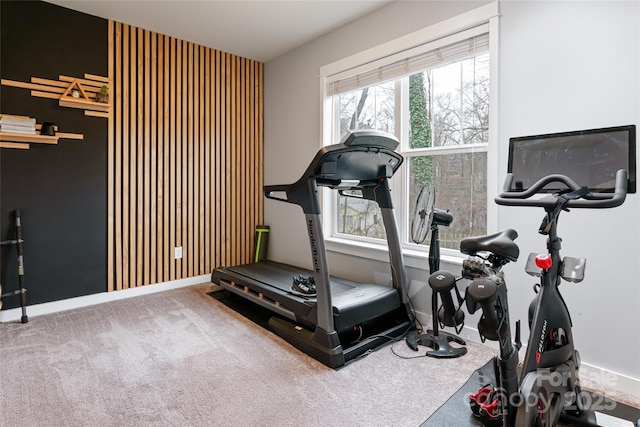 exercise room with baseboards and carpet