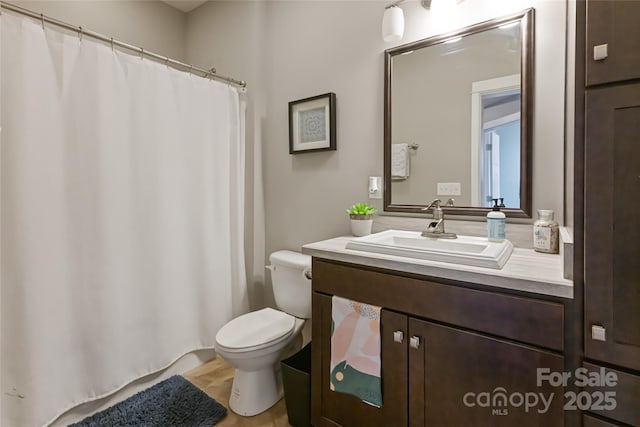 full bathroom with vanity, curtained shower, and toilet