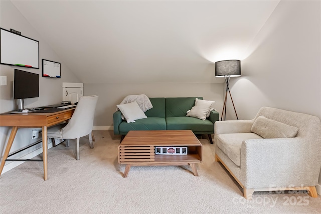 office area featuring baseboards, carpet floors, and vaulted ceiling