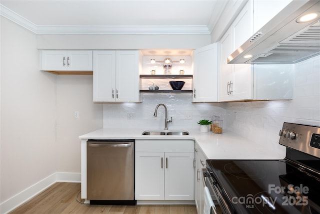 kitchen featuring ornamental molding, range hood, stainless steel appliances, white cabinetry, and a sink