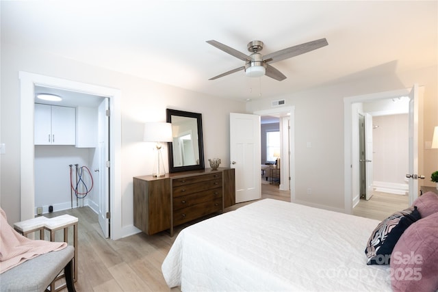 bedroom featuring a ceiling fan, light wood-style floors, visible vents, and baseboards