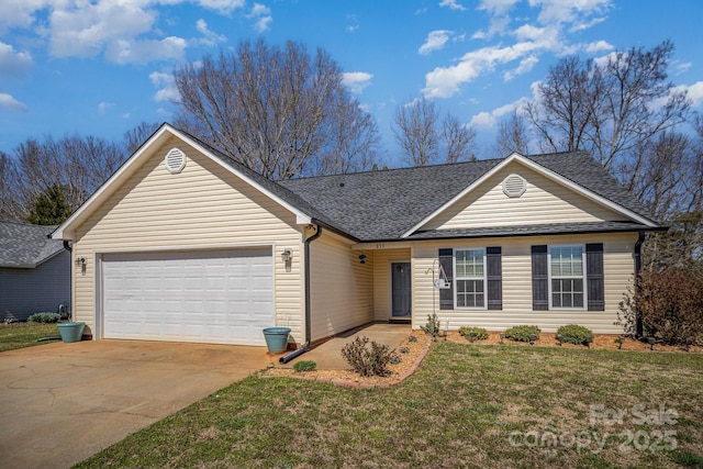 single story home with a garage, concrete driveway, a front lawn, and a shingled roof