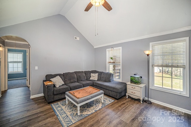 living area with visible vents, lofted ceiling, baseboards, and dark wood-style flooring