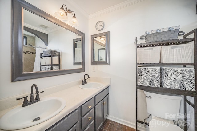 full bath featuring visible vents, ornamental molding, wood finished floors, and a sink