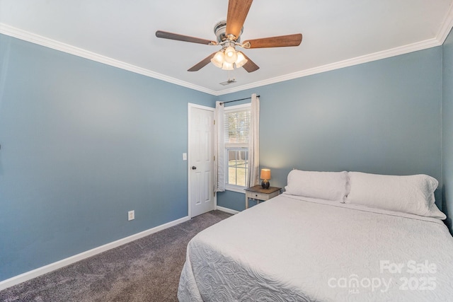 bedroom featuring dark colored carpet, baseboards, ornamental molding, and a ceiling fan