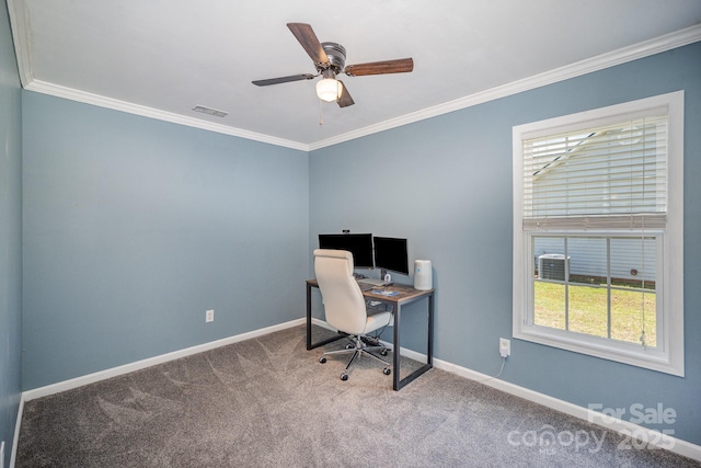 carpeted home office featuring baseboards and ornamental molding