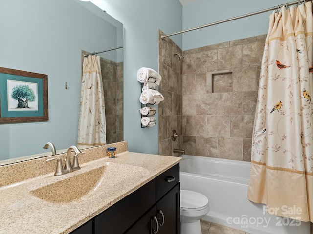 bathroom with shower / bath combo with shower curtain, toilet, and vanity