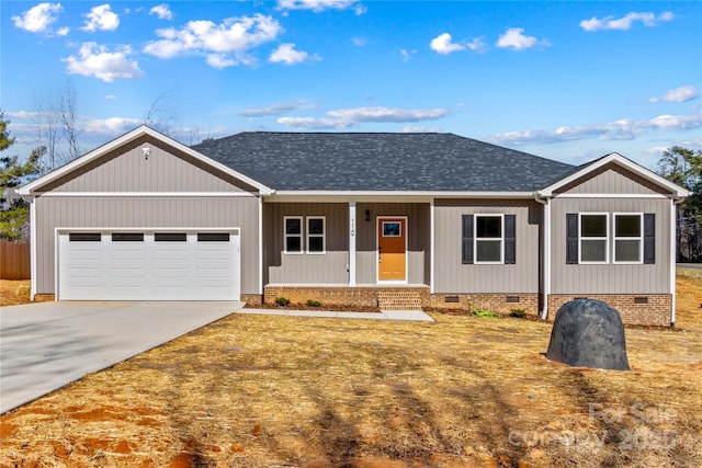 single story home featuring driveway, an attached garage, covered porch, a shingled roof, and crawl space