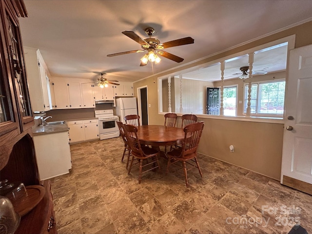 dining space featuring crown molding
