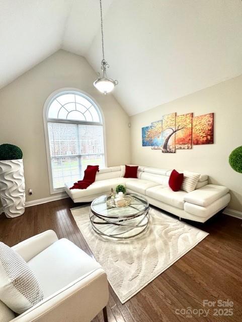 living room featuring baseboards, lofted ceiling, and dark wood-style flooring