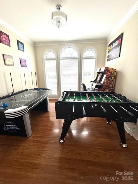 playroom featuring crown molding and wood finished floors