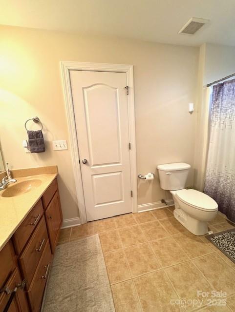 full bath with tile patterned flooring, visible vents, toilet, and vanity