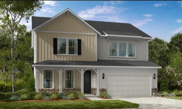 view of front of house featuring board and batten siding, an attached garage, driveway, and a shingled roof