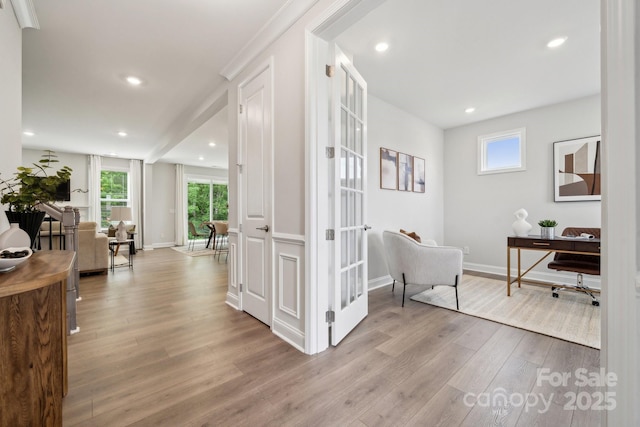 1439 Hubert Graham Way, Tega Cay, SC 29708 - corridor with light wood-style floors, a desk, recessed lighting, and baseboards