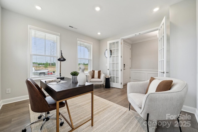 1439 Hubert Graham Way, Tega Cay, SC 29708 - office space featuring wood finished floors, recessed lighting, baseboards, wainscoting, and french doors