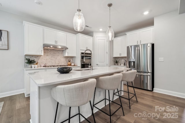 1439 Hubert Graham Way, Tega Cay, SC 29708 - kitchen with stainless steel appliances, under cabinet range hood, a sink, baseboards, and recessed lighting