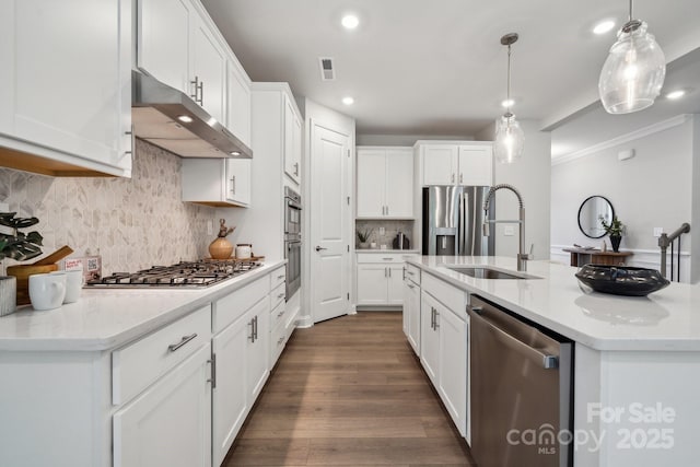 1439 Hubert Graham Way, Tega Cay, SC 29708 - kitchen featuring appliances with stainless steel finishes, under cabinet range hood, a sink, an island with sink, and recessed lighting
