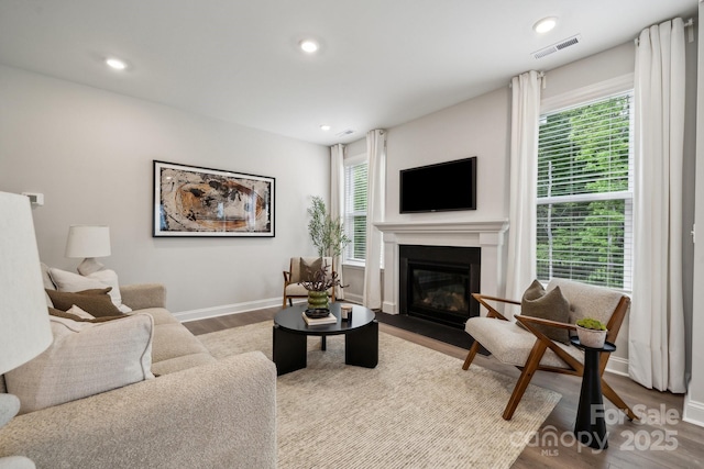 1439 Hubert Graham Way, Tega Cay, SC 29708 - living room featuring wood finished floors, a fireplace with flush hearth, baseboards, and recessed lighting