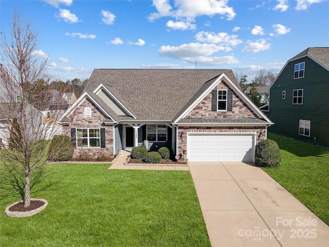 craftsman-style house featuring roof with shingles, a front yard, stone siding, and driveway