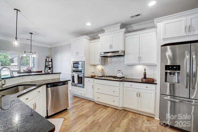 kitchen with a sink, stainless steel appliances, white cabinetry, under cabinet range hood, and ornamental molding