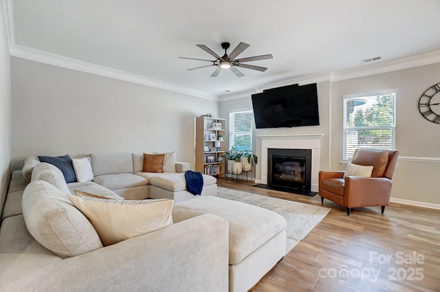 living room with crown molding, a ceiling fan, light wood-style flooring, and visible vents