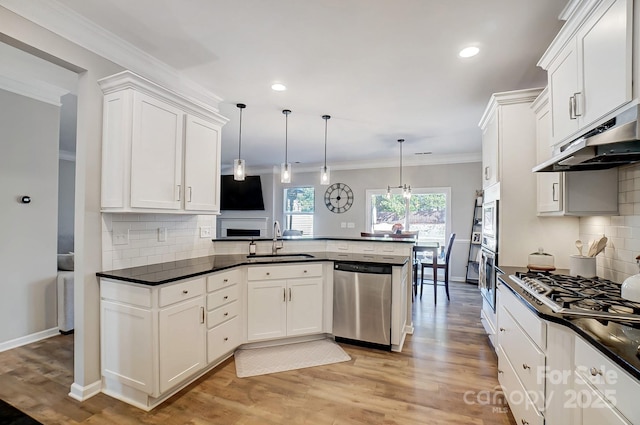 kitchen featuring dark countertops, a sink, a peninsula, under cabinet range hood, and stainless steel appliances