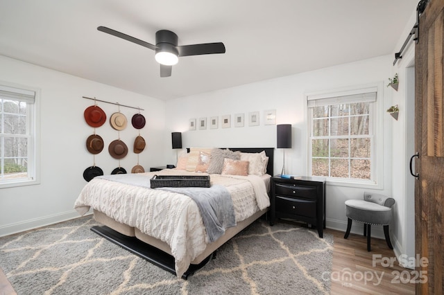 bedroom featuring multiple windows, baseboards, a barn door, and wood finished floors