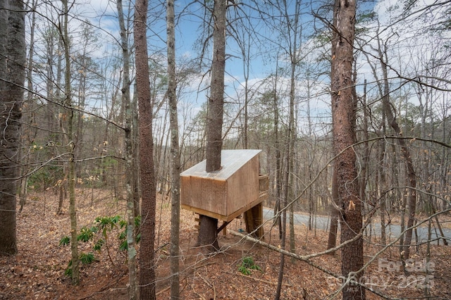 view of home's exterior with a wooded view