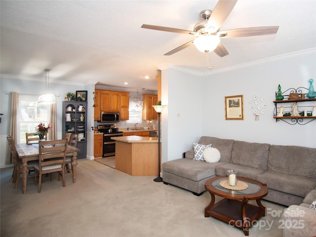 living room featuring ceiling fan, recessed lighting, light colored carpet, and ornamental molding