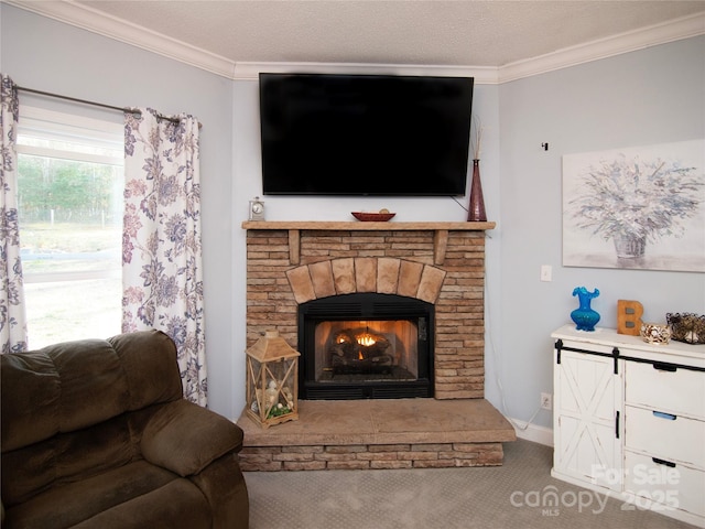 living room featuring a textured ceiling, carpet flooring, a fireplace, and ornamental molding