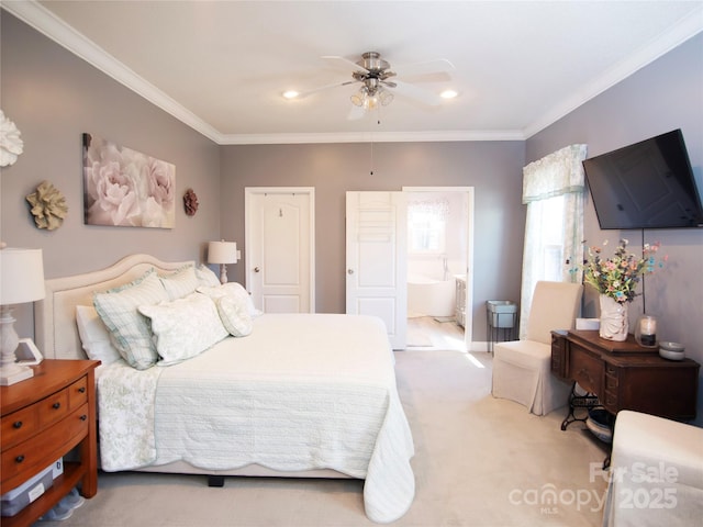 bedroom with carpet, a ceiling fan, ensuite bath, recessed lighting, and crown molding