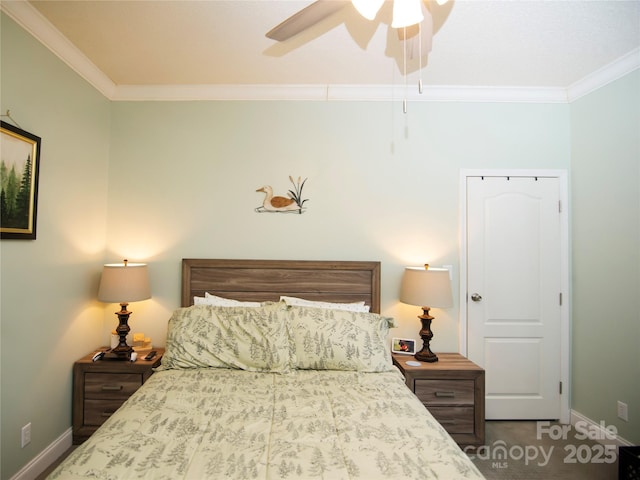 bedroom with baseboards, ornamental molding, and a ceiling fan