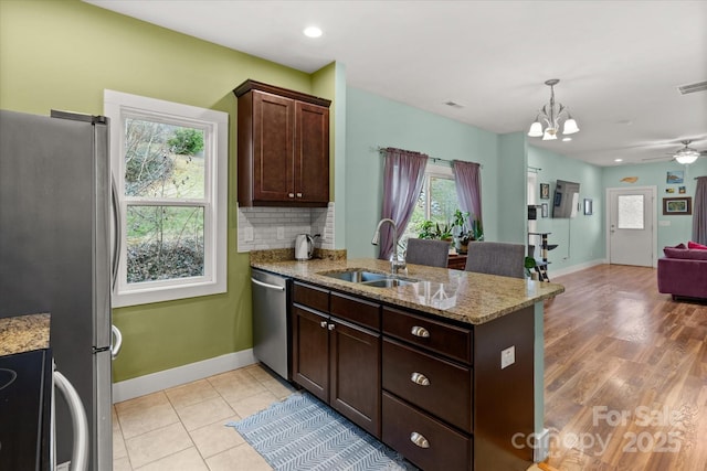 kitchen featuring a peninsula, a sink, appliances with stainless steel finishes, tasteful backsplash, and open floor plan