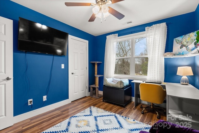 office area with visible vents, baseboards, wood finished floors, and a ceiling fan