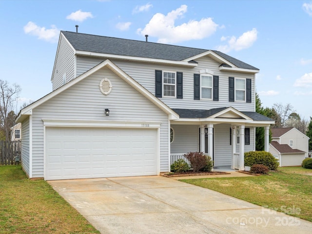 traditional-style home featuring roof with shingles, covered porch, concrete driveway, and a front lawn