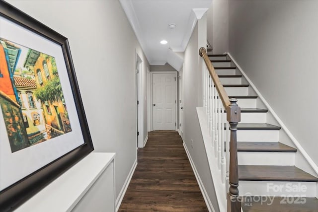 stairs with recessed lighting, baseboards, and wood finished floors