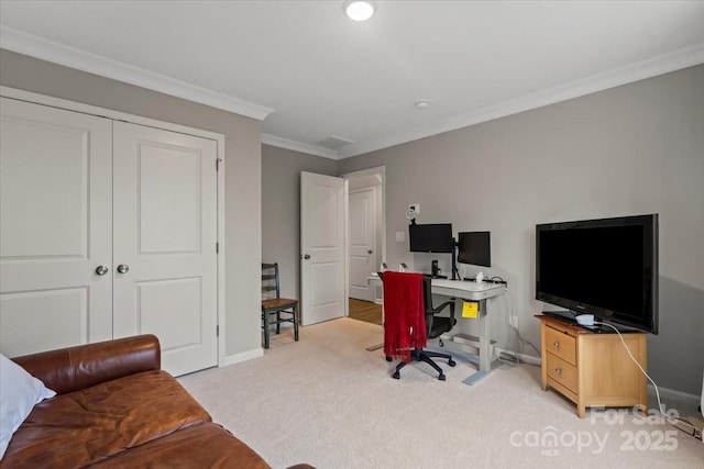 office featuring light carpet, baseboards, and ornamental molding