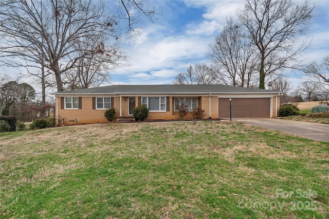 ranch-style house featuring brick siding, an attached garage, driveway, and a front lawn