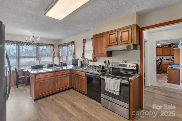 kitchen featuring a peninsula, light wood-style flooring, a sink, under cabinet range hood, and appliances with stainless steel finishes