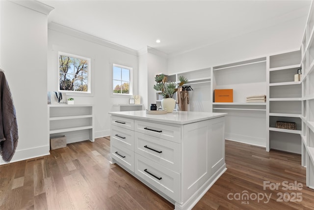 walk in closet with dark wood-style flooring